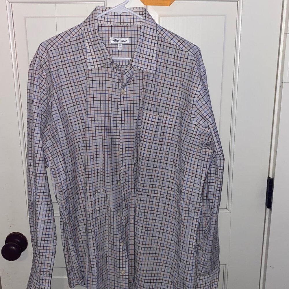 Peter Millar Men's XL Dress Shirt - Classic Fit, Brown, White, Blue